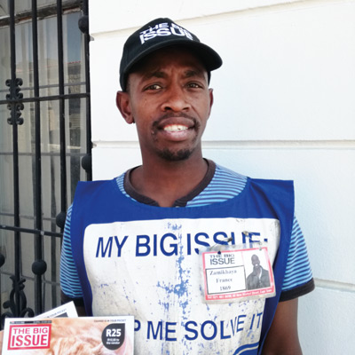 Our vendor of the month, Zamikhaya France, 36, sells The Big Issue at the Constantia Village shopping centre. He’s an ambitious, happy person who loves his work.